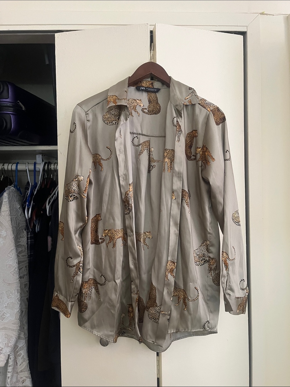 Zara Gray Satin Button-Up Shirt with Leopard Print